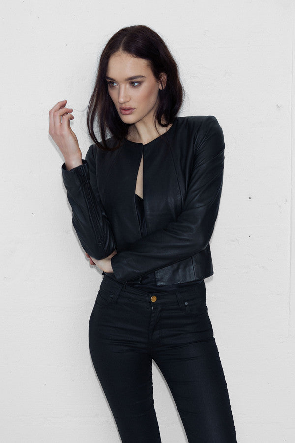 L/S Cropped Leather Jacket with Zips - Matt Black - NEW ARRIVAL - BEST SELLER