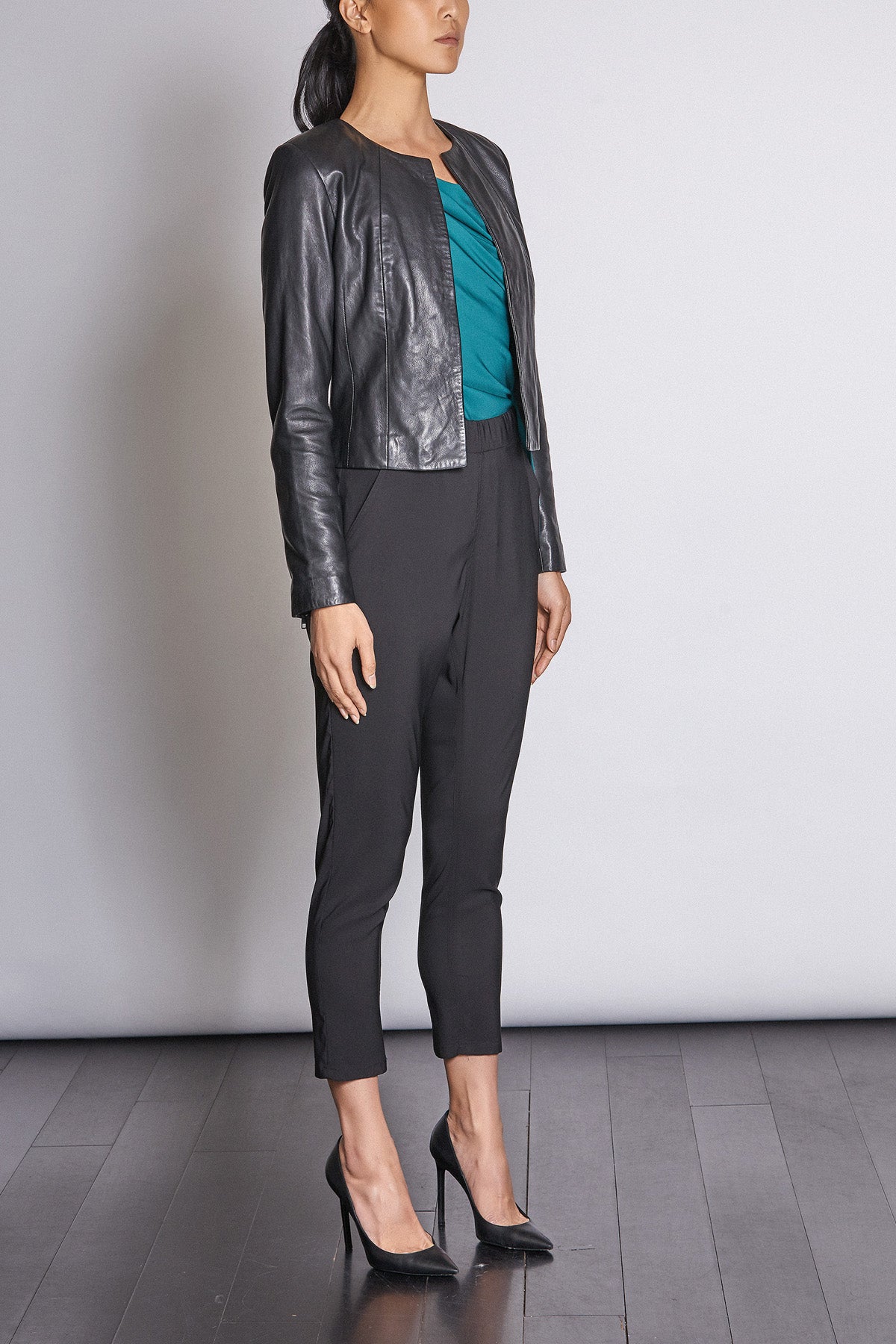 Cropped collarless hotsell leather jacket